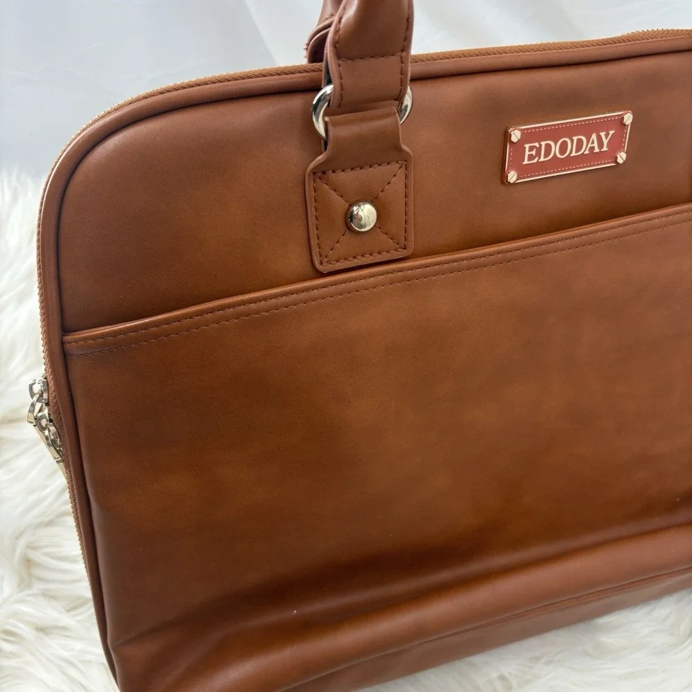 EDODAY‎ Camel Genuine Leather Laptop bag Zipper Multi Pocket 16x11
